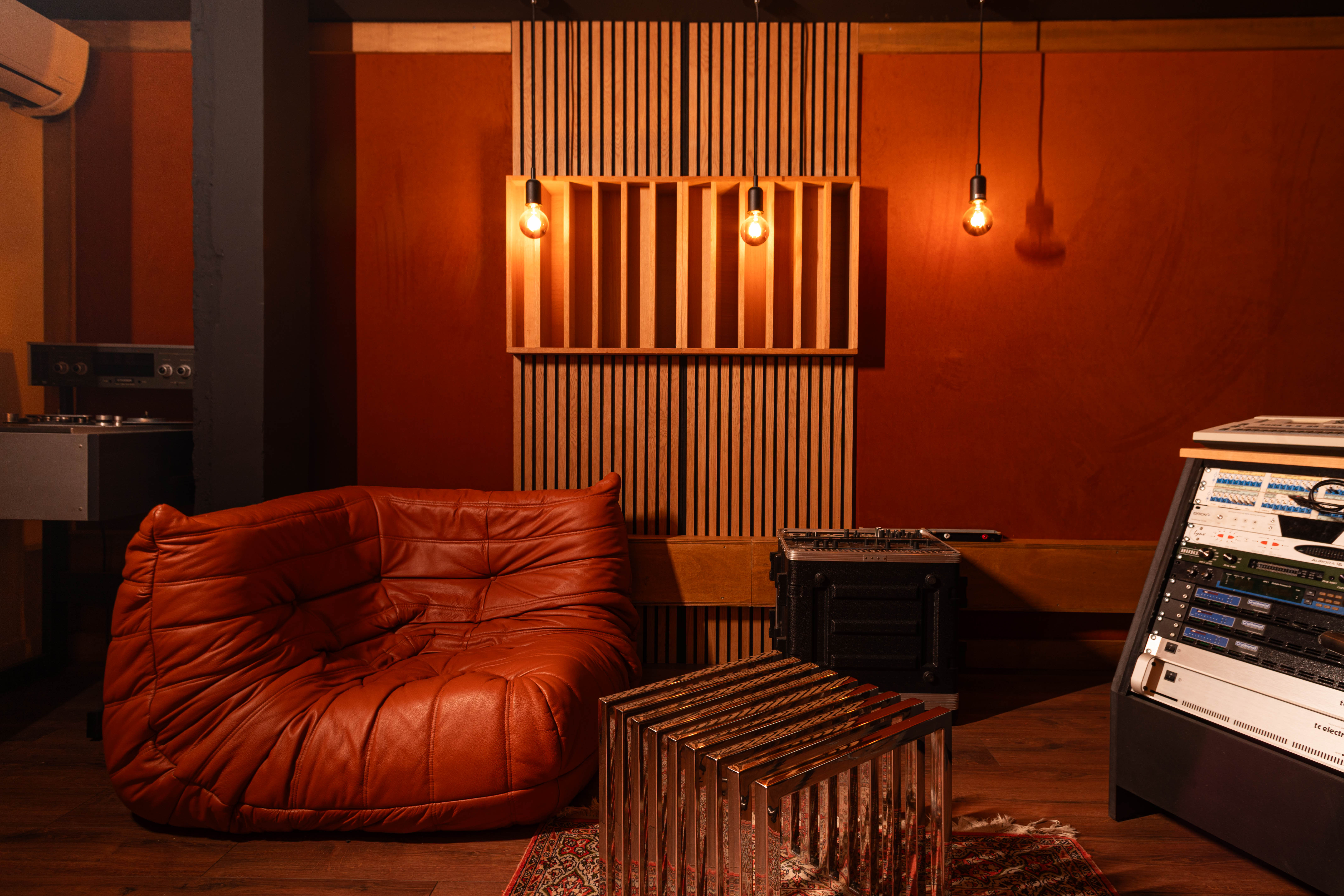 Lounge and control room inside the Lobster recording studio.